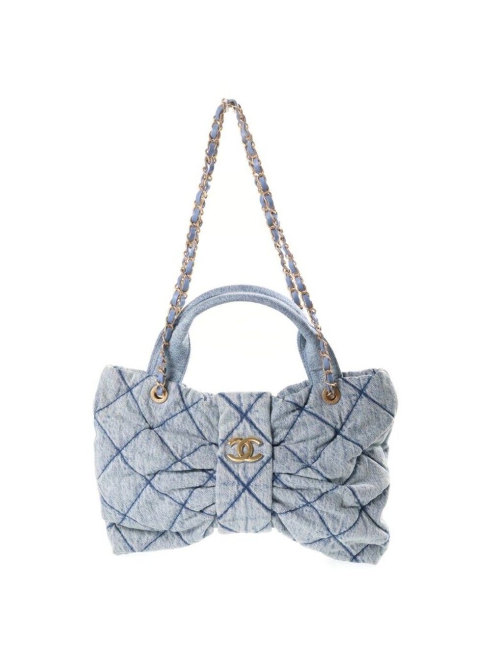 Chanel Bow Denim Ribbon 2-Way Chain Shoulder Bag Indigo Gold